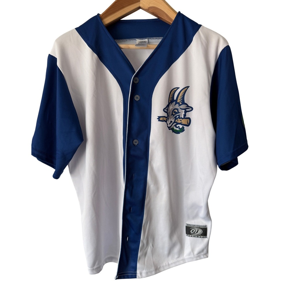 Hartford Yard Goats Baseball Jersey Mens Large White Blue OT Sports Button MiLB